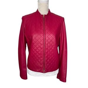 Worth Genuine Leather Quilted Jacket Womens Size 8 Zip Collarless Raspberry Pink